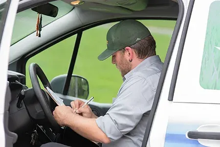 technician filling out paperwork in van